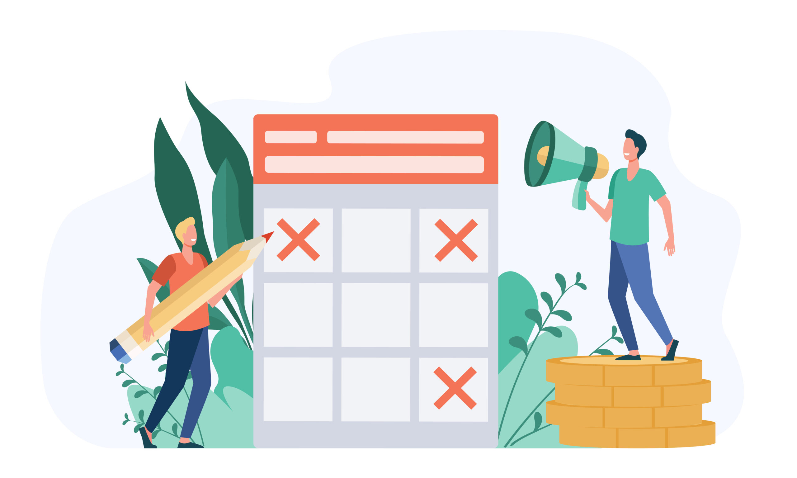 Two men and schedule for publications in social media. Coin, blogger, pencil flat vector illustration. Management and planning concept for banner, website design or landing web page